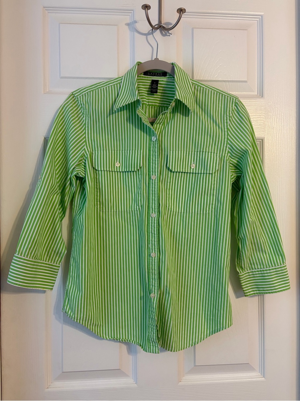 Ralph Lauren Green and White Stripe Button-Down Shirt sz. S